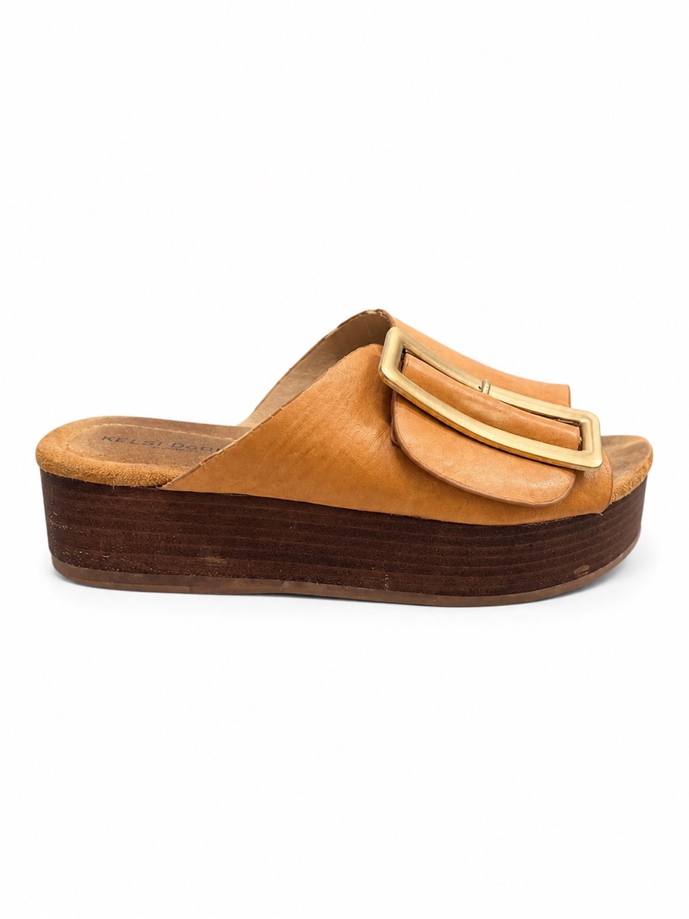 Kelsi Dagger Tan Leather Platform Slide with Gold Buckle